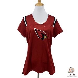 NFL Team Apparel Bling Tee Womens L Large Red V Neck Arizona Cardinals Striped